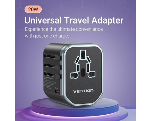 Зарядний пристрій Vention 3-Port USB (C + A + A) Universal Travel Adapter (20W/18W/18W) Black (FJCB0)