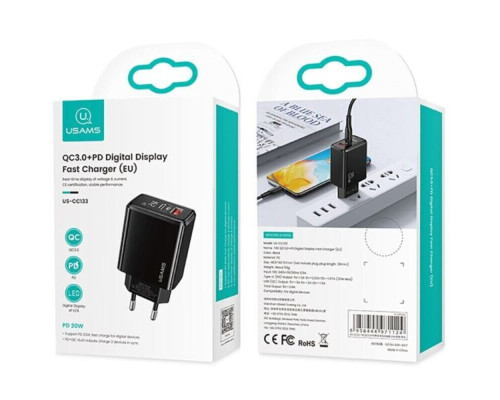 Мережевий зарядний пристрій Usams US-CC133 T40 QC3.0+PD Digital Display Fast Charger (EU) Black