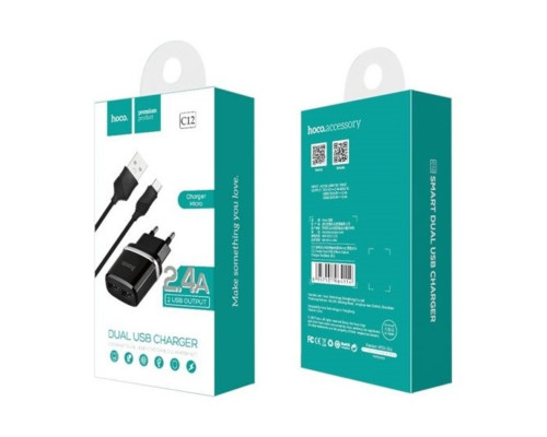 Мережевий зарядний пристрій HOCO C12 Smart dual USB (Micro cable)charger set Black