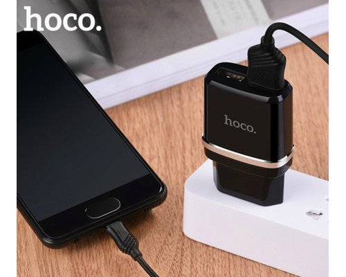 Мережевий зарядний пристрій HOCO C12 Smart dual USB (Micro cable)charger set Black