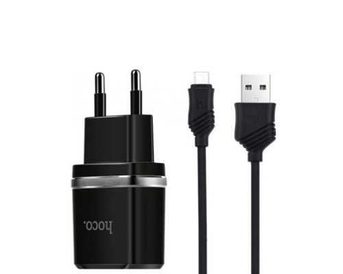 Мережевий зарядний пристрій HOCO C12 Smart dual USB (Micro cable)charger set Black