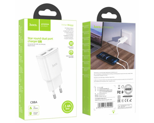 Мережевий зарядний пристрій HOCO C88A Star round dual port charger White