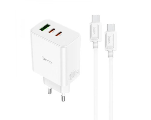 Мережевий зарядний пристрій HOCO C126A Pure power PD40W three-port(2C1A) charger set(Type-C to Type-C) White