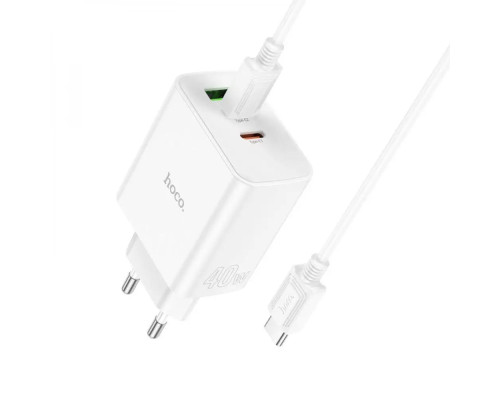 Мережевий зарядний пристрій HOCO C126A Pure power PD40W three-port(2C1A) charger set(Type-C to Type-C) White