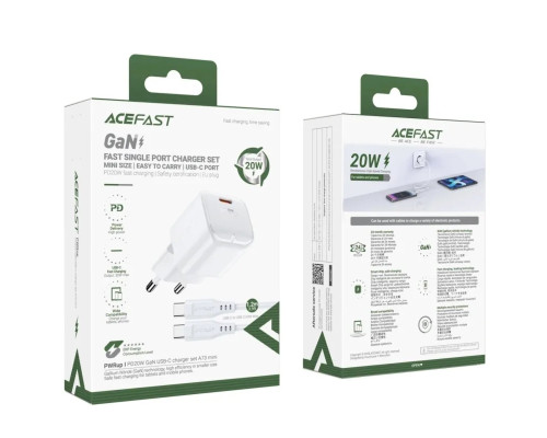 Мережевий зарядний пристрій ACEFAST A73 mini PD20W GaN single USB-C charger set (C3-03) White