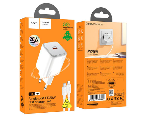 Мережевий зарядний пристрій HOCO N40 Mighty single port PD20W charger set(C to iP) White