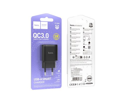 Мережевий зарядний пристрій Hoco C140A Smart single port QC3.0 charger(EU) Black