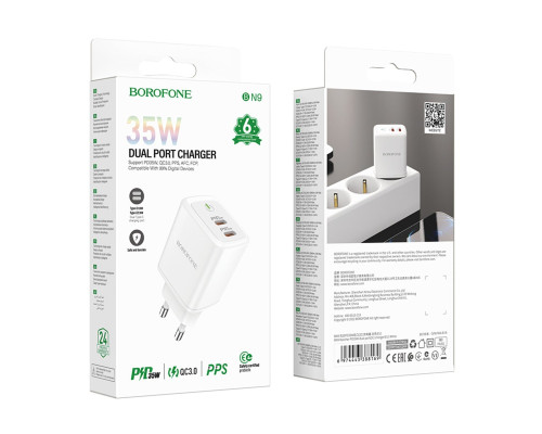 Мережевий зарядний пристрій BOROFONE BN9 Reacher PD35W dual port(2C) charger(EU) White