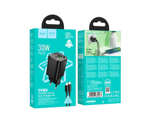 Мережевий зарядний пристрій HOCO N53 Monsoon PD30W+QC3.0 charger set(C to C) Black