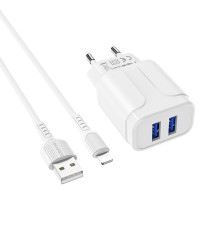 Мережевий зарядний пристрій BOROFONE BA37A Speedy dual port charger(Lightning) White