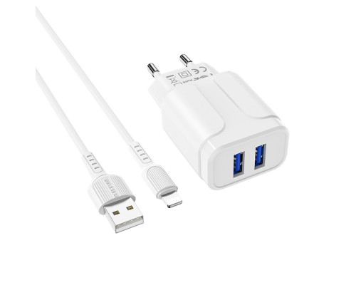 Мережевий зарядний пристрій BOROFONE BA37A Speedy dual port charger(Lightning) White