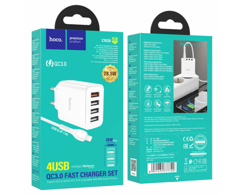 Мережевий зарядний пристрій HOCO C102A Fuerza QC3.0 four-port charger set(iP) 18W White