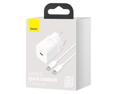 МЗП Baseus Super Si Quick Charger 1C 25W EU Sets White（With Mini White Cable Type-C to Type-C 3A 1m White）