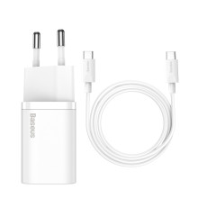 МЗП Baseus Super Si Quick Charger 1C 25W EU Sets White（With Mini White Cable Type-C to Type-C 3A 1m White）