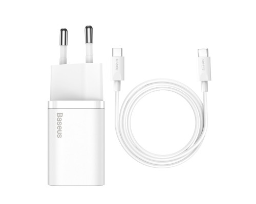 МЗП Baseus Super Si Quick Charger 1C 25W EU Sets White（With Mini White Cable Type-C to Type-C 3A 1m White）