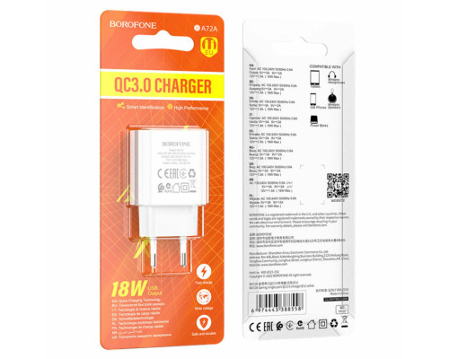 Мережевий зарядний пристрій BOROFONE BA72A Spring single port QC3.0 charger White