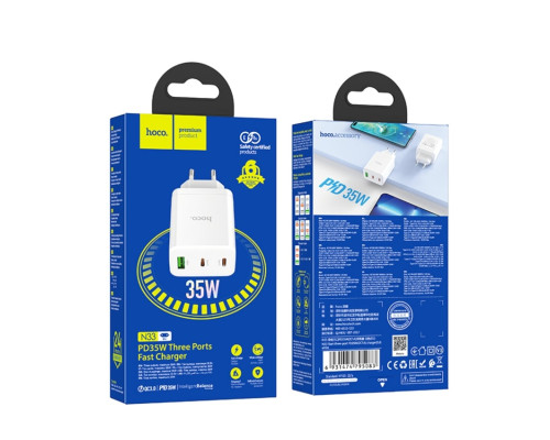 Мережевий зарядний пристрій HOCO N33 Start three-port PD35W(2C1A) charger White