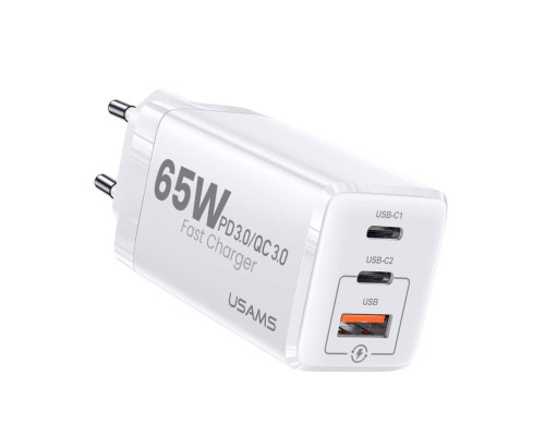 Мережевий зарядний пристрій Usams US-CC110 T33 65W 3 Ports GaN Mini Fast Charger white