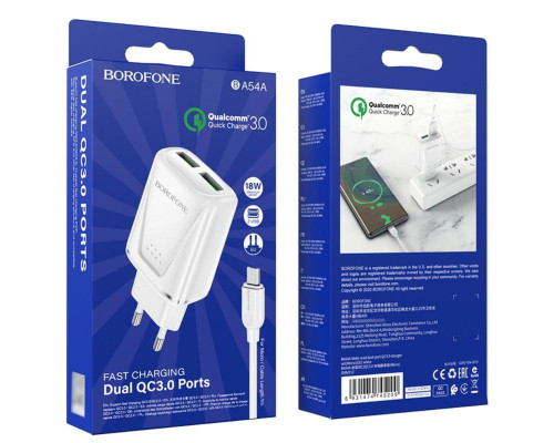 Мережевий зарядний пристрій BOROFONE BA54A Wide road dual port QC3.0 charger (Micro) White