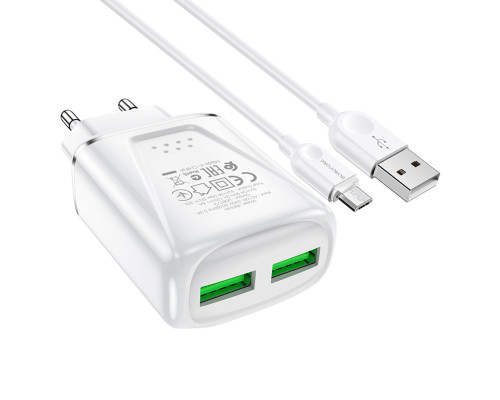 Мережевий зарядний пристрій BOROFONE BA54A Wide road dual port QC3.0 charger (Micro) White