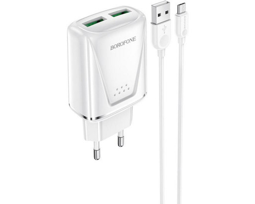 Мережевий зарядний пристрій BOROFONE BA54A Wide road dual port QC3.0 charger (Micro) White