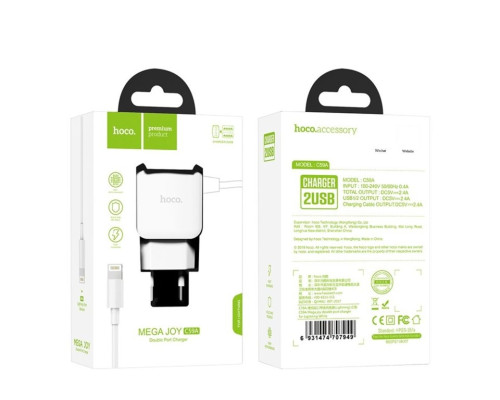 Мережевий зарядний пристрій HOCO C59A Mega joy double port charger for iP White