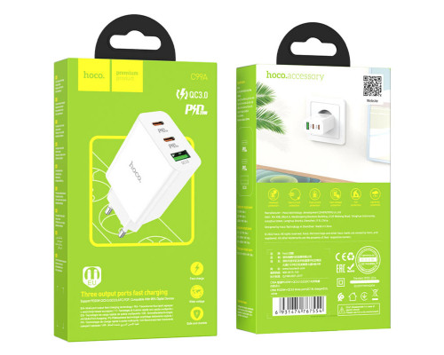 Мережевий зарядний пристрій HOCO C99A PD20W+QC3.0 three-port(2C1A) charger White