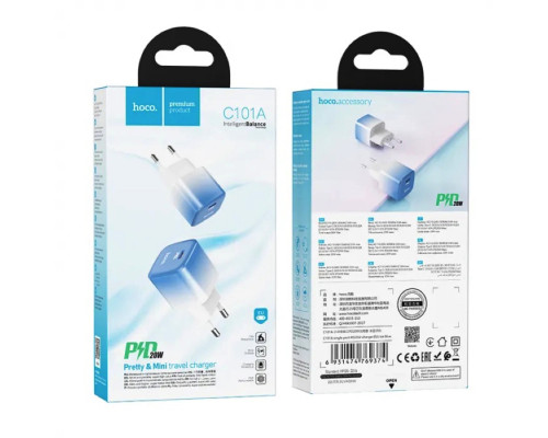 Мережевий зарядний пристрій HOCO C101A single port PD20W charger Ice Blue