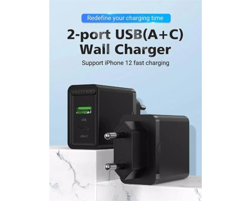 Зарядний пристрій Vention Two-Port USB(A+C) Wall Charger (18W/20W) EU-Plug Black (FBBB0-EU)