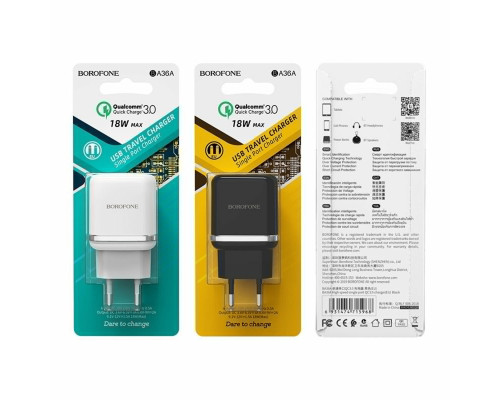 Мережевий зарядний пристрій BOROFONE BA36A High speed single port QC3.0 charger set18W Black