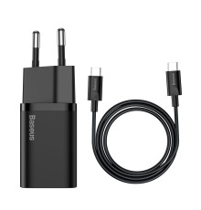 МЗП Baseus Super Si Quick Charger 1C 25W EU Sets Black（With Mini White Cable Type-C to Type-C 3A 1m Black）