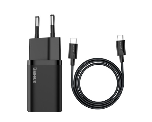 МЗП Baseus Super Si Quick Charger 1C 25W EU Sets Black（With Mini White Cable Type-C to Type-C 3A 1m Black）