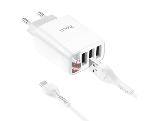 Мережевий зарядний пристрій HOCO C93A Easy charge 3-port digital display charger set(Micro) White