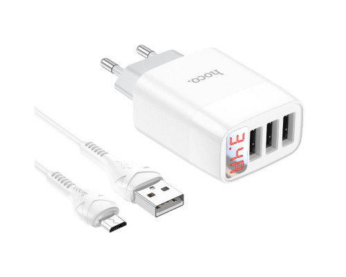 Мережевий зарядний пристрій HOCO C93A Easy charge 3-port digital display charger set(Micro) White