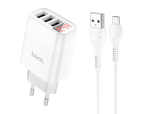 Мережевий зарядний пристрій HOCO C93A Easy charge 3-port digital display charger set(Micro) White