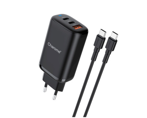 Мережевий зарядний пристрій CHAROME C30 PD65W GaN (2*USB-C+USB-A) Charger Set (Type-C to Type-C) Black