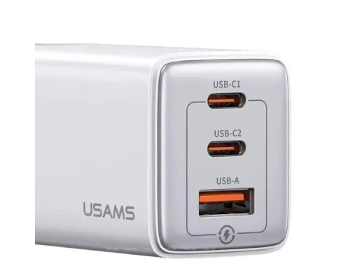 Мережевий зарядний пристрій Usams US-CC180 65W ACC 3 Ports GaN Fast Charger (EU) - Sandru series White