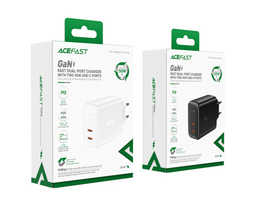 Мережевий зарядний пристрій ACEFAST A29 PD50W GaN (USB-C+USB-C) dual port charger White