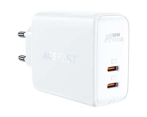 Мережевий зарядний пристрій ACEFAST A29 PD50W GaN (USB-C+USB-C) dual port charger White