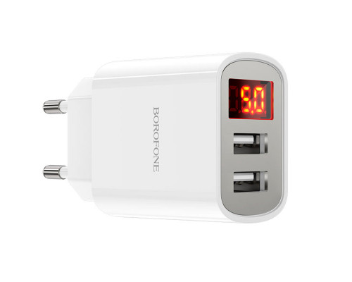 Мережевий зарядний пристрій BOROFONE BA58A Mighty dual port digital display charger White