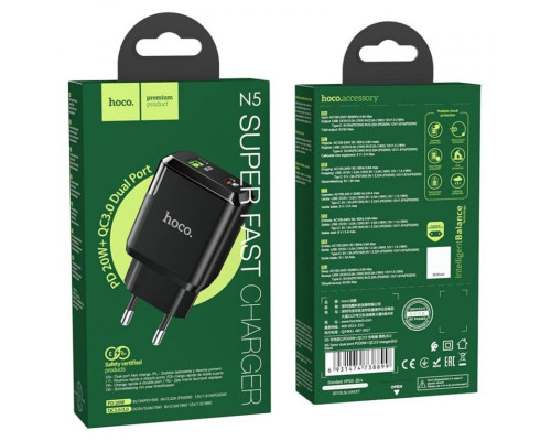 Мережевий зарядний пристрій HOCO N5 Favor dual port PD20W+QC3.0 charger Black