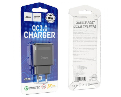 Мережевий зарядний пристрій HOCO C72Q Glorious single port QC3.0 charger 18W Black