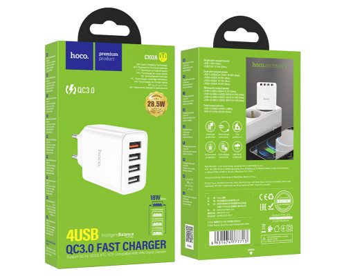 Мережевий зарядний пристрій HOCO C102A Fuerza QC3.0 four-port charger 18W White