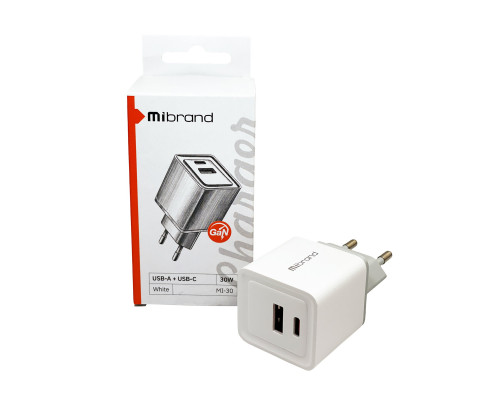 Мережевий зарядний пристрій Mibrand MI-30 GaN 30W Travel Charger USB-A + USB-C White