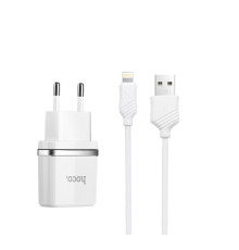 Мережевий зарядний пристрій HOCO C11 Smart single USB (iP cable) charger set White