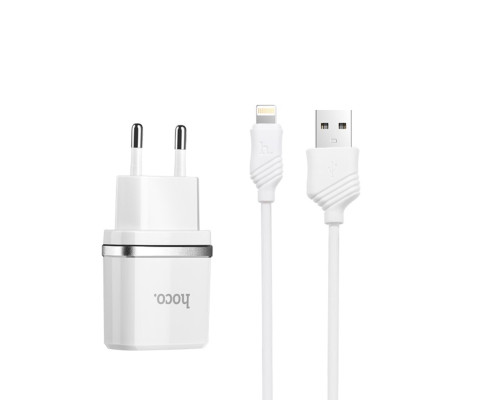 Мережевий зарядний пристрій HOCO C11 Smart single USB (iP cable) charger set White