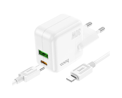 Мережевий зарядний пристрій HOCO C111A Lucky dual-port PD30W+QC3.0 charger set(C to iP) White