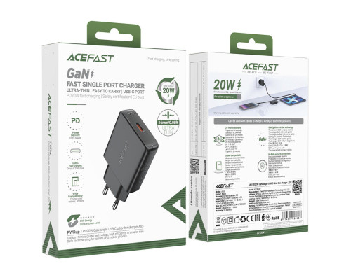 Мережевий зарядний пристрій ACEFAST A65 PD20W GaN single USB-C ultra-thin charger Black