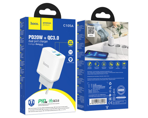 Мережевий зарядний пристрій HOCO C105A Stage dual port PD20W+QC3.0 charger White