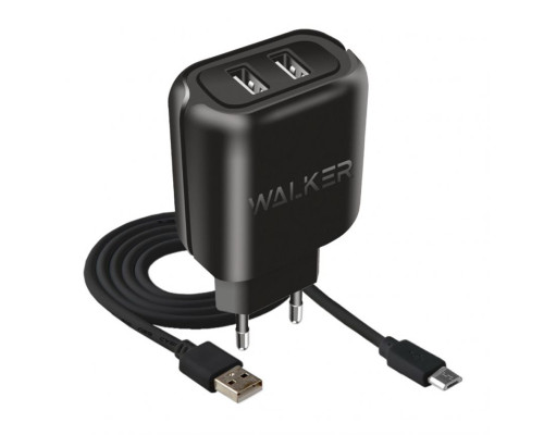 Мережевий зарядний пристрій (адаптер) 2в1 WALKER WH-27 2USB / 2.1A + Data Cabel USB to Micro black